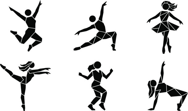 Set of abstract geometric dancing figures in black silhouette style.