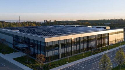 Obraz premium Modern commercial building with extensive solar panel array on roof, showcasing sustainable energy and eco-friendly architecture at sunrise.
