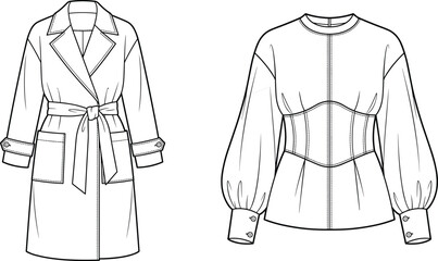 Technical fashion sketches of a belted trench coat and a corset style blouse with voluminous puff sleeves. © MDJAHID