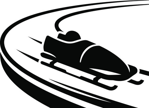 Stylized black and white bobsled icon racing on ice track.