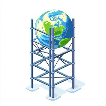 3D illustration of a globe on a scaffold, symbolizing construction and global projects.