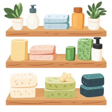 A vibrant display of natural bath products on wooden shelves, featuring various soaps and lotions in pastel shades.