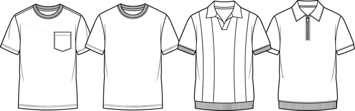 Technical flat sketches of men&rsquo;s casual t-shirts and polo shirts featuring pocket, zip, and knitted trim details