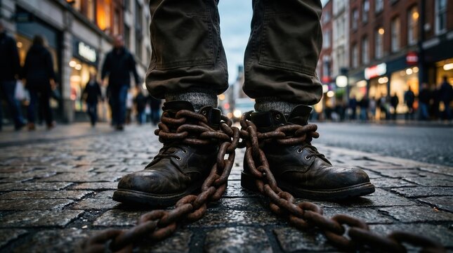Close-up of leather boots bound by heavy rusty chains on a wet cobblestone city street. Blurred pedestrians and shops in the background. Concept of restriction, debt, or lack of freedom.