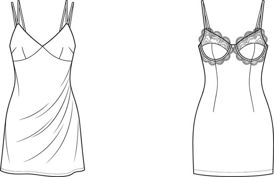 Technical flat sketches of women&rsquo;s nightwear including a silk camisole slip dress and a lace trimmed bustier dress