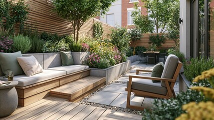 Fototapeta premium Modern Urban Garden Oasis with Built-in Seating and Blooming Flowers