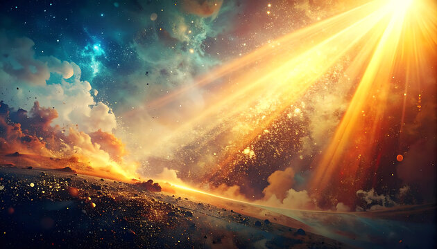 Cosmic sky with glowing golden light rays, celestial nebula clouds, ethereal space atmosphere, sparkling stardust particles, divine sunbeams, astral energy