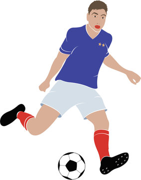 Joueur de football en mouvement avec ballon au pieds	

