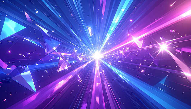 Cosmic tunnel of fast blue and pink light streaks with geometric crystal shards, futuristic motion blur, data stream and warp speed backdrop