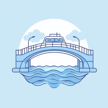 A stylized blue bridge with a boat beneath, set against a light blue sky and soft clouds, evoking calm and tranquility.