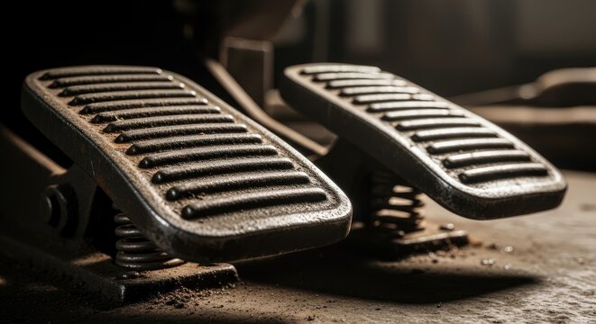 Close-up of Vintage Car Accelerator and Brake Pedals on Wooden Surface.