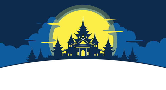 Asian temple silhouette standing before a glowing yellow full moon