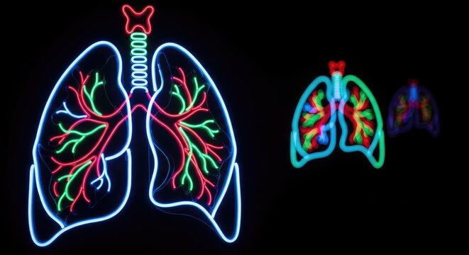 Glowing Neon Lungs Illustration on Black Background for Medical Education.