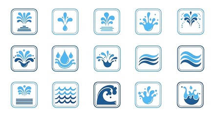 Fototapeta premium Set of blue water splash and wave icons in square frames with fountain, abstract