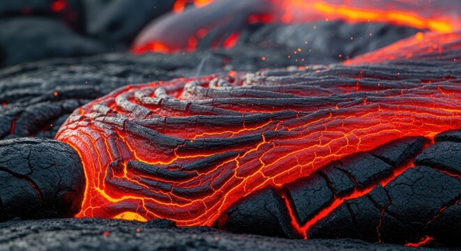 Molten Lava Flowing Across Volcanic Rock.