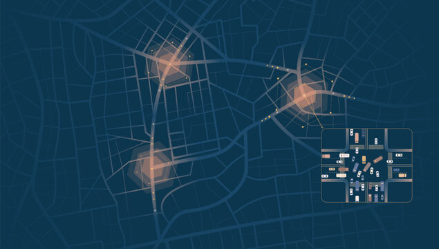 Traffic Congestion Areas and Vehicle Density Data, glowing traffic congestion hotspots. Dark Navy City Map Visualization