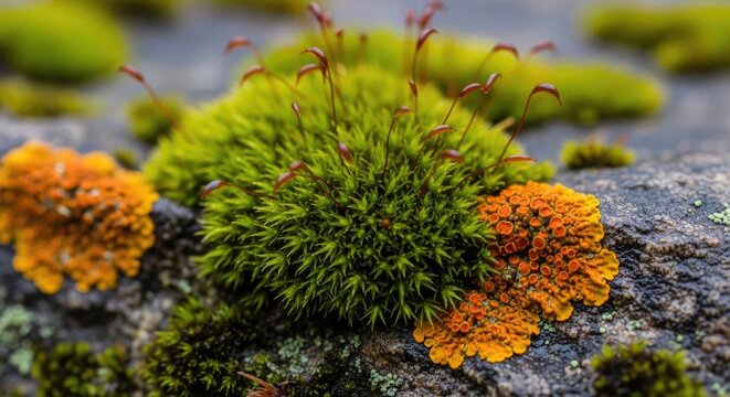 Vibrant Moss and Lichen on Rock Surface.