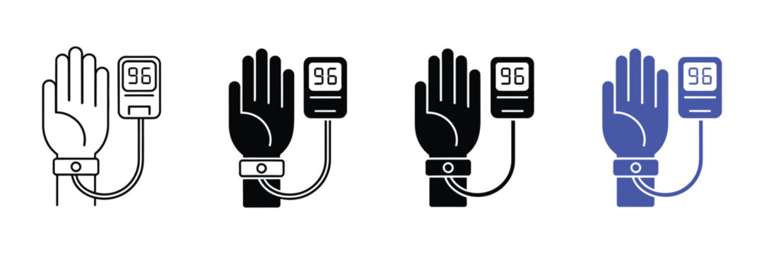 Medical pulse oximeter icons with finger sensor and hand illustrations representing oxygen saturation measurement, patient monitoring, and healthcare diagnostics.