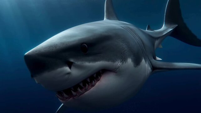 A great white shark is seen from a low angle with its mouth slightly open revealing rows of sharp teeth, its dark grey body blending into the deep blue sea water as sunlight penetrates from above.