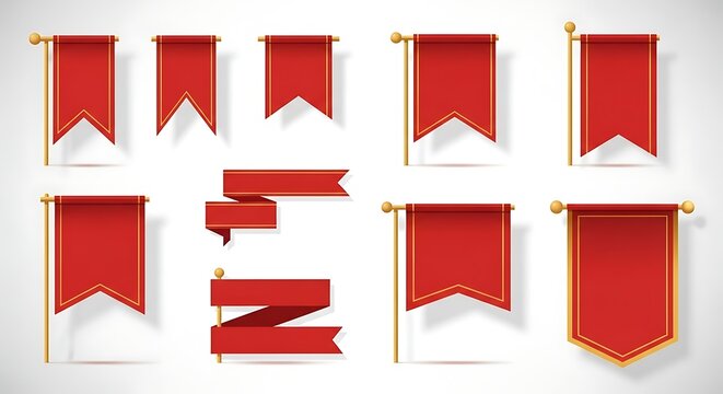 Red pennant flags and banners set with vertical decoration celebration