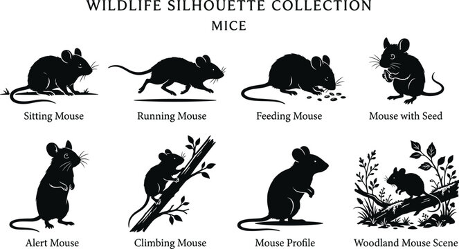 Mouse vector silhouette icon set featuring field mice running climbing feeding and woodland nature scene graphics