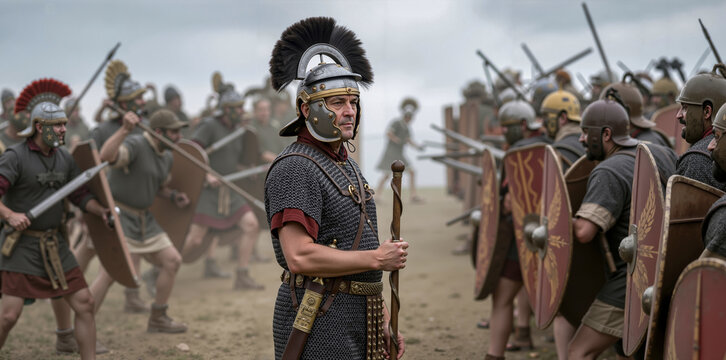 A group of men dressed in roman armor standing next to each other