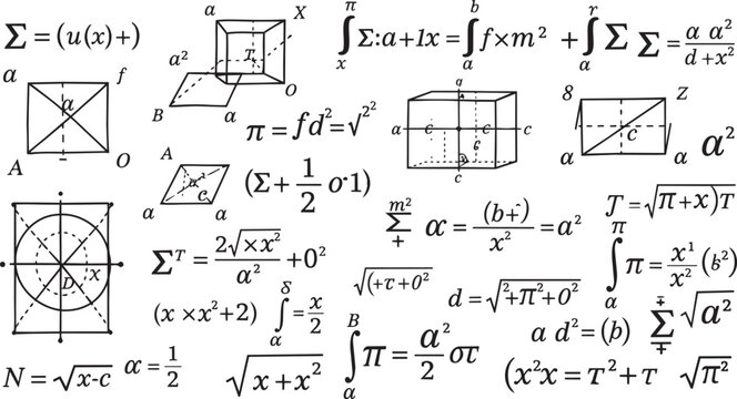 Black mathematical equations and geometric diagrams on white background black text geometric shapes