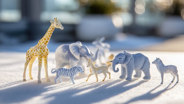 Miniature animal figurines, giraffe, elephant, tiger, deer,  and antelope on snowy surface