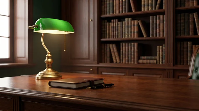 Manage elegant antique home office highlighting leather notebook and traditional green lamp