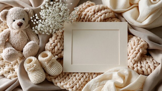 Cozy Newborn Baby Welcome Arrangement with Teddy Bear, Booties, and Blank Photo Frame