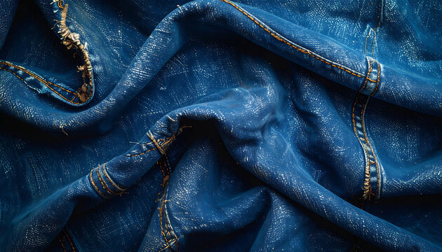 Deep blue denim fabric texture with orange stitching, soft folds and shimmering glitter particles, ideal for fashion background and textile design