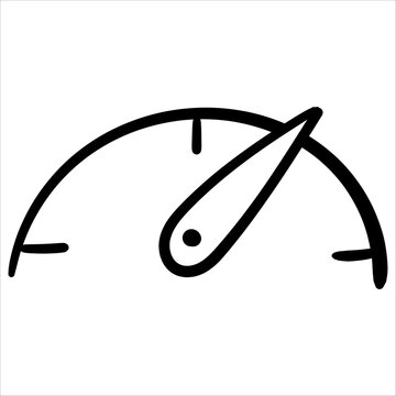 Hand-drawn gauge or speedometer doodle style. The needle points to a higher value, symbolizing speed, progress, or performance. Ideal for various design projects.