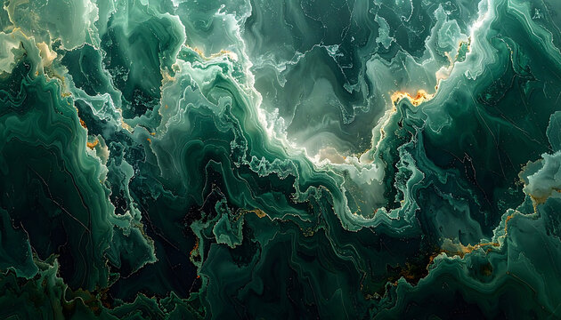 Deep emerald green liquid marble texture with flowing gold veins, organic swirling fluid background pattern for luxury design