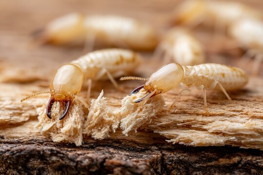 Close-up macro shot of termites with powerful mandibles chewing on wood fibers, highlighting their destructive nature.
