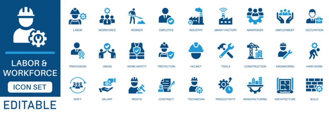 Labor and workforce icon set. with vector symbols for industrial construction, worker safety, manufacturing manpower, and employment in a blue flat design.