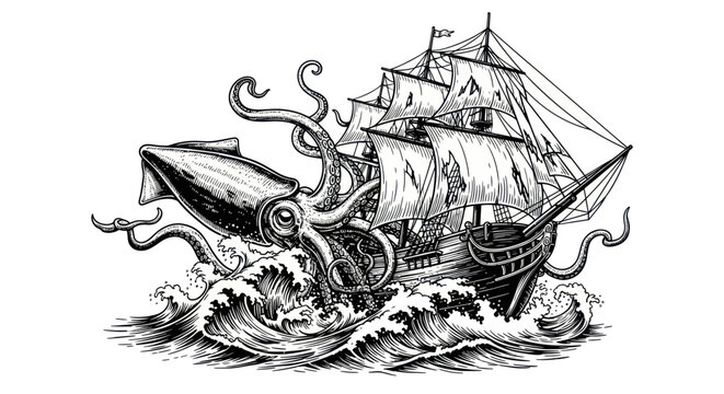 Giant squid attacking a vintage sailing ship on rough seas