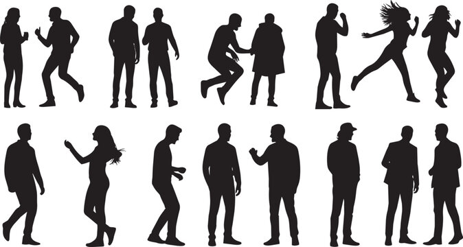 Black silhouette figures in various athletic and dance poses people silhouettes athletic poses
