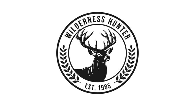 Vintage wilderness hunter emblem featuring a majestic deer head surrounded by a laurel wreath and "Est. 1985" on an isolated white background.