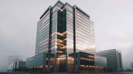 Fototapeta premium Modern Glass Skyscraper Office Building Reflecting Warm Light on a Cloudy Day