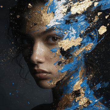 A surreal double-exposure portrait. The left side of the face is hyperrealistic, while the right side transitions into expressive brushstrokes of impasto oil paint&mdash;electric blue with gold leaf.