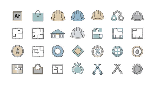 Various 2D AutoCAD vector icons of construction and industry tools are displayed.