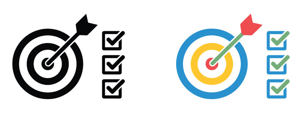 Target and arrow icon with checkmark symbols showcasing business success, objective accomplishment, performance management, KPI tracking, and strategic achievement.