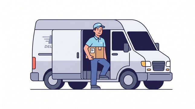 Flat Vector Illustration of Delivery Man Holding Cardboard Box Package Stepping Out of White Cargo Van - Professional Courier Logistics Service and Shipping Concept Graphic Stock Art