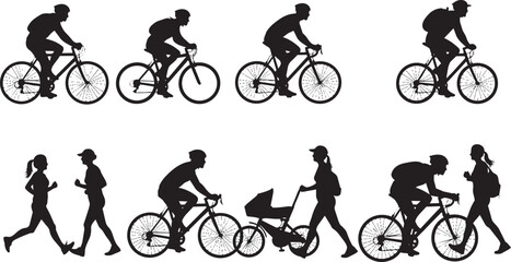 Obraz premium Black silhouette of cyclists and runners in motion on white background black silhouettes