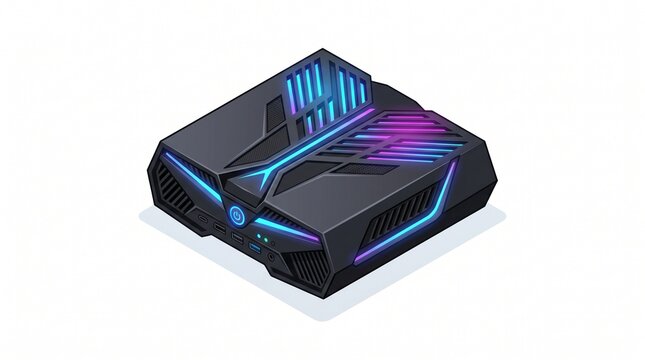 Isometric gaming mini PC features angular black chassis with vibrant blue and purple RGB lighting, USB ports, vents, and glowing power button. Compact high-performance computing tech.