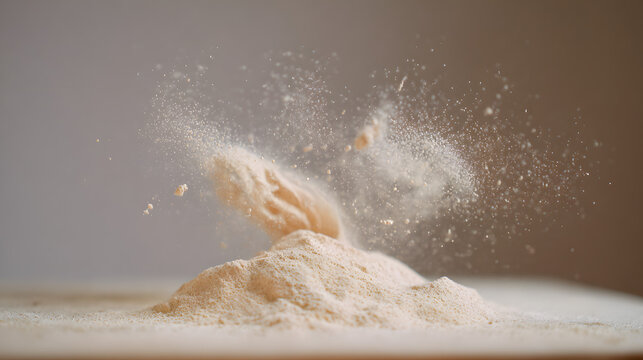 Fine light colored powder exploding upwards against neutral grey studio background.