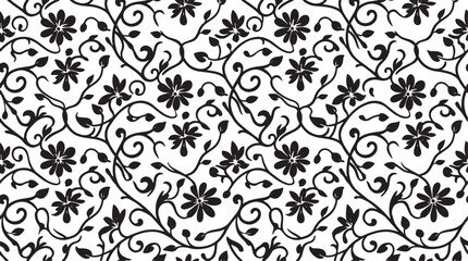 Obraz premium Seamless Black and White Vintage Floral Pattern with Delicate Hand Drawn Blossom Vines