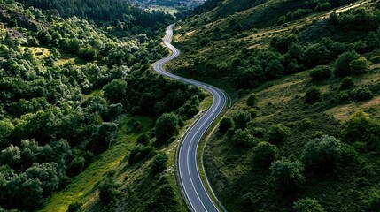 Fototapeta premium Scenic winding road through lush green forested mountain valley, offering breathtaking aerial views of nature's beauty