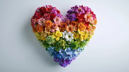Naklejka premium Vibrant Rainbow Heart Shape Arrangement of Fresh Mixed Flowers on White Background