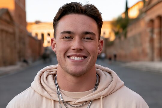 A young man with a bright smile and silver chain necklace, wearing a beige hoodie, outdoors in a city street.
